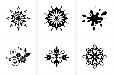 Collection of black and white floral, splatter, and snowflake designs provides versatility