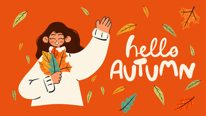 Hello autumn doodle banner. Woman holding a bouquet of autumn leaves. Isolated vector illustration.