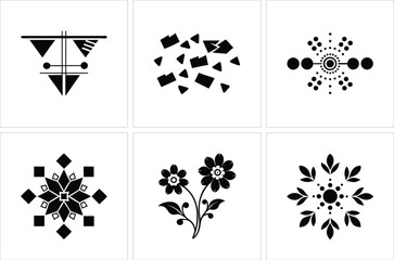 Diverse abstract shapes form six unique minimalist black symbols against a white background