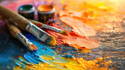 Obraz premium Vibrant paint colors spread across wooden surface with brushes resting nearby, creating artistic and creative atmosphere. warm hues evoke inspiration and passion for art