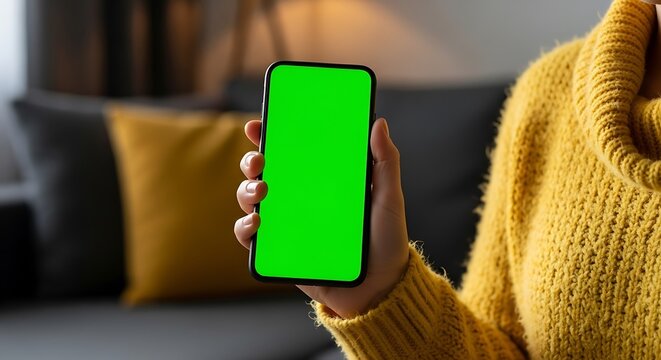 Woman is holding a smartphone with a green screen in a cozy home setting