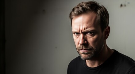 Obraz premium Stern Man Wearing Black Shirt Staring Anxiously with Intense Expression