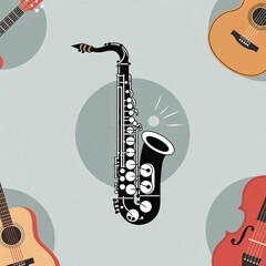 Naklejka premium Saxophone illustration surrounded by guitars on pastel background 