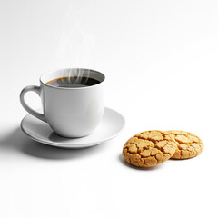 A hot cup of coffee with a plate of chocolate chip cookies on a white saucer