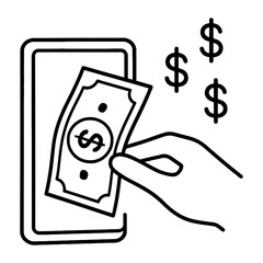 Hand making mobile payment with cash through smartphone, online transaction icon