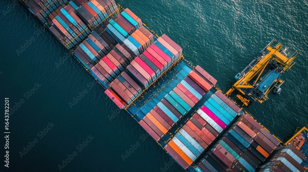 Poster a large cargo ship with colorful containers in the ocean.