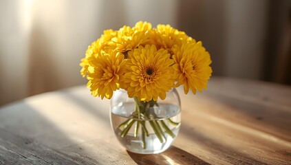 Bright yellow chrysanthemums in a clear glass vase