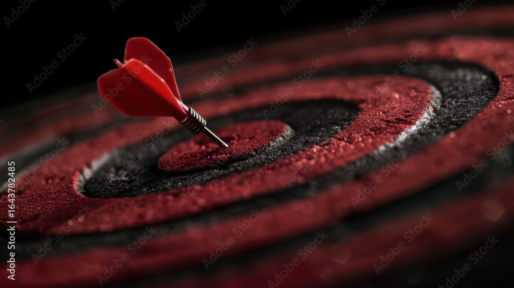 Poster dart is embedded in center of red and black target, symbolizing precision and focus. image captures 