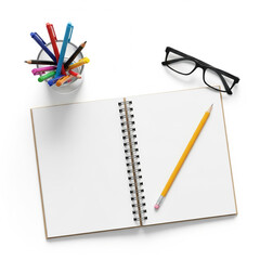 A simple drawing or writing setup, a single notebook with pencils and pens on a blank office desk