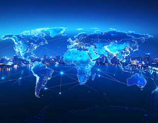 A glowing blue world map overlayed on a cityscape, representing global connectivity, network, and technology.