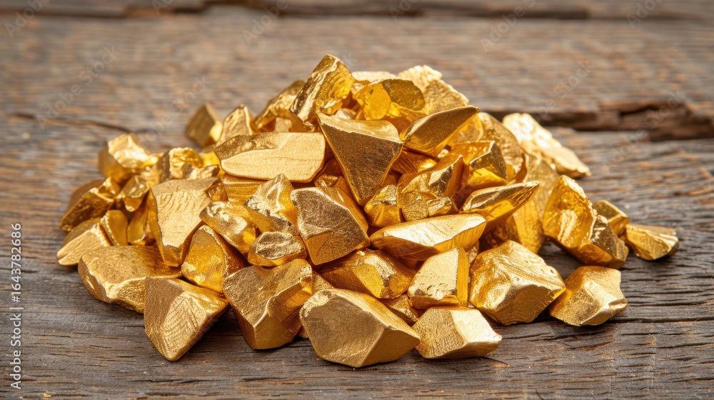Poster golden nuggets arranged on rustic wooden table create striking visual. shiny surface reflects light 