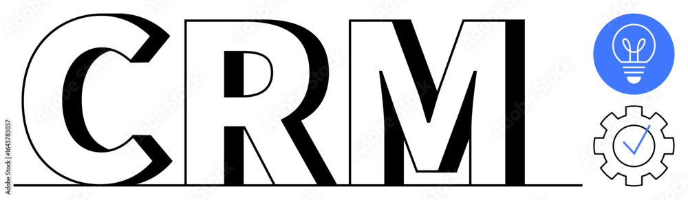 Poster crm text with a light bulb representing ideas and innovation, gear with a checkmark symbolizing proc