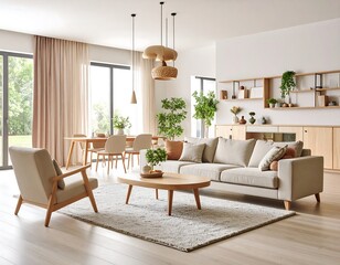 Light beige living room with wooden furniture and plants.