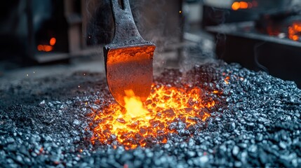 A blacksmith's hammer and anvil in a workshop with glowing embers and coal.