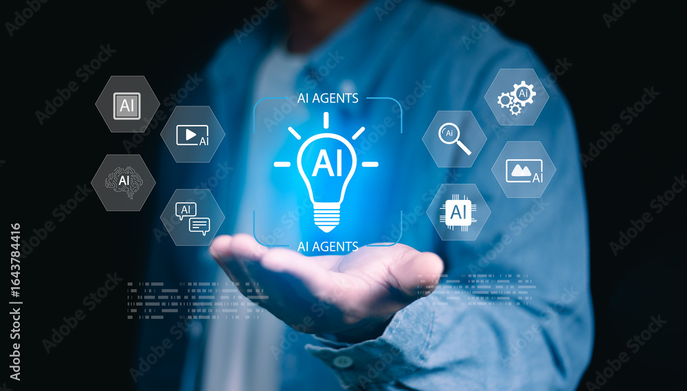 Poster artificial intelligence technology concept with businessman interacting with ai interface. digital t