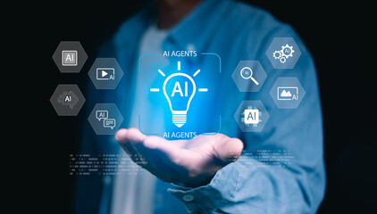 Artificial intelligence technology concept with businessman interacting with AI interface. Digital transformation, automation, and innovation icons represent modern smart tech solutions.