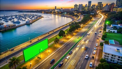 Aerial View of City Highway at Sunset with Green Screen Billboard,  Coastal Marina, and Evening Traffic Flowing Smoothly Past Modern Buildings; Vibrant, Serene, and Commercially Viable Stock Image.