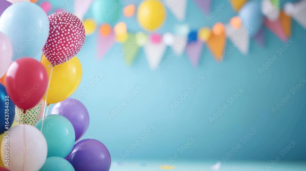 Aufkleber a colorful balloon arrangement against a blue background with a string of colorful flags.
