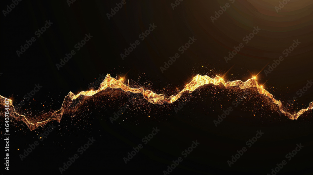 Poster shimmering golden wave with sparkling particles against dark background, creating sense of elegance 