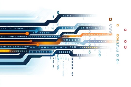 A vibrant digital abstract with flowing lines and a mix of binary code patterns.