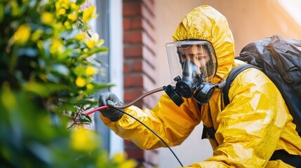 A person in a yellow hazmat suit spraying a plant with a hose.