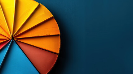 Colorful pie chart with vibrant segments in orange, yellow, and blue against dark background, representing data visualization and analysis. design evokes creativity and organization