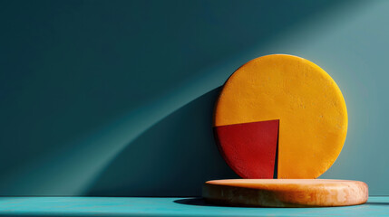 Vibrant pie chart design featuring yellow circular shape with red triangular segment, set against teal background. composition highlights contrast of colors and geometric forms, creating modern