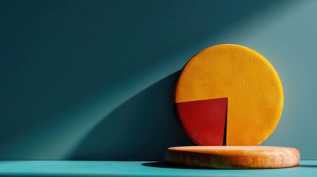 Vibrant pie chart design featuring yellow circular shape with red triangular segment, set against teal background. composition highlights contrast of colors and geometric forms, creating modern