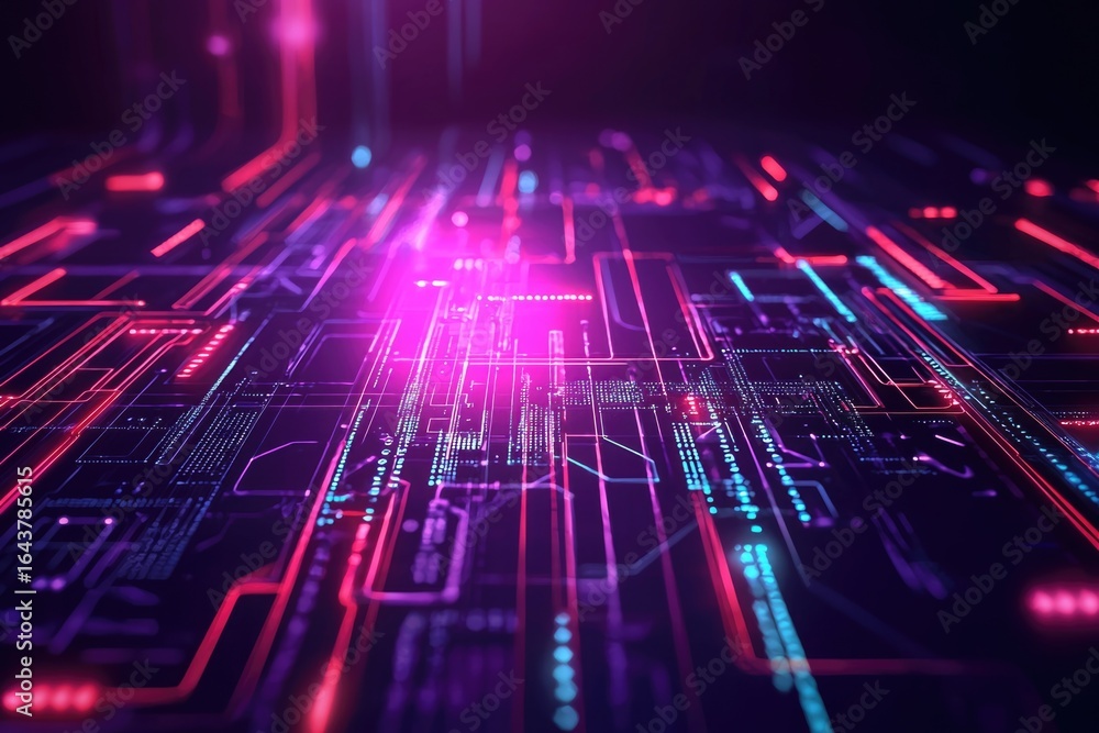 Poster a futuristic digital design featuring vibrant neon colors and intricate network patterns.