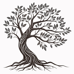 Black and white illustration of a tree with visible roots and leaves