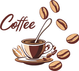 Obraz premium 12082025_Coffee Cup and Beans Description: A vibrant and modern illustration of a coffee cup with a spoon inside, sitting on a saucer