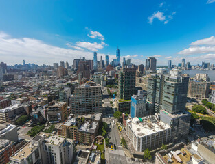 Aerial city scape of skyscraper buildings SoHo Manhattan on a sunny summer day in New York City