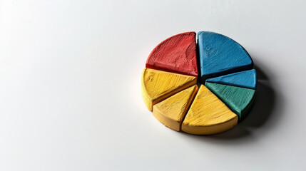 Colorful pie chart made of wooden segments on clean white background, representing data visualization and analysis. vibrant colors evoke sense of creativity and organization