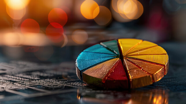 Colorful pie chart with vibrant segments representing data analysis, placed on reflective surface with blurred lights in background, creating dynamic and engaging atmosphere