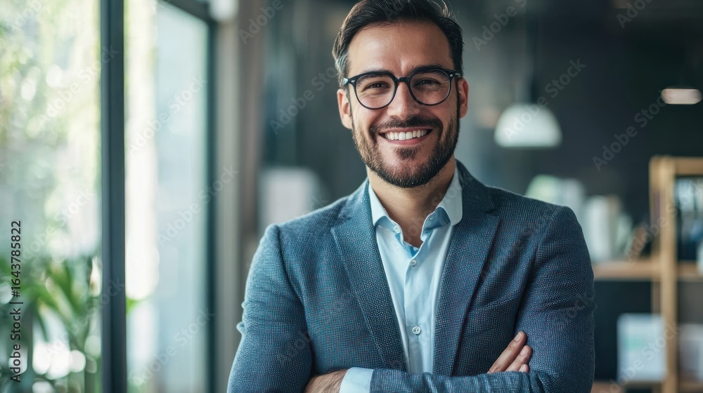 Poster a smiling man in a suit with glasses, standing in an office with a window in the background.