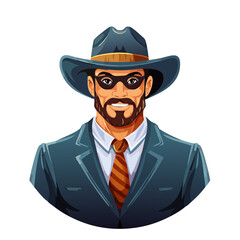 Cartoon man in mask, hat, suit smiling on black background. Vector illustration of character in disguise attire.