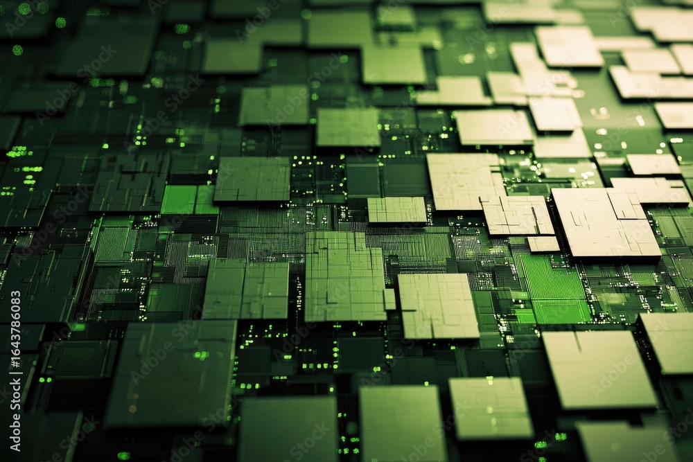 Poster a futuristic digital landscape showcasing an intricate arrangement of green circuitry and interconne