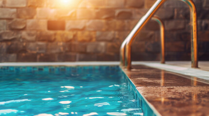 Obraz premium Serene indoor swimming pool with clear blue water, featuring metallic railing and warm glow from sunlight. tranquil atmosphere invites relaxation and fitness activities
