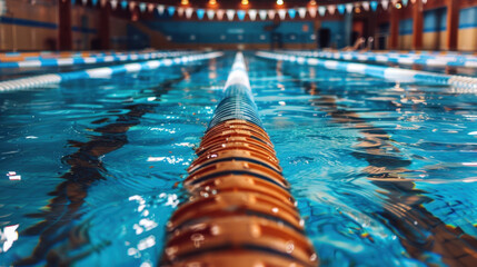 Serene swimming pool with clear blue water, featuring lane dividers and vibrant flags overhead, creates perfect environment for fitness and relaxation