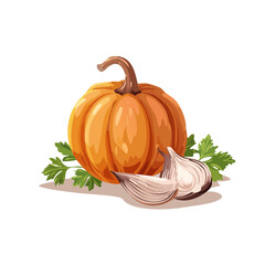 Fall harvest: Pumpkin, garlic and parsley graphic art for food illustration, autumn recipe inspiration and cooking concepts.