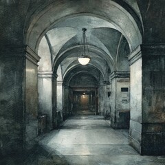 Fototapeta premium Long, arched hallway, muted tones. Vast, stone corridor, dimly lit
