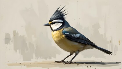 Naklejka premium Colorful crested songbird with yellow chest and spiky feathers standing on light textured background