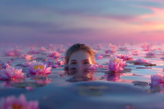 Portrait of a woman emerging from a calm lake filled with lotuses at dusk. Only the eyes and the top of the head are visible above the rippling water, staring straight ahead with an air of mystery - Powered by Adobe