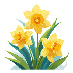 Illustration of three yellow daffodil flowers with green leaves against a black background