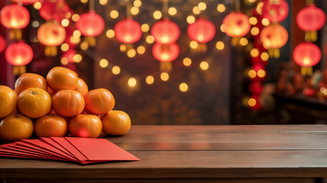 Fresh oranges and red envelopes on wooden table with blurred Chinese lanterns and festive lights in background, vibrant Lunar New Year celebration atmosphere