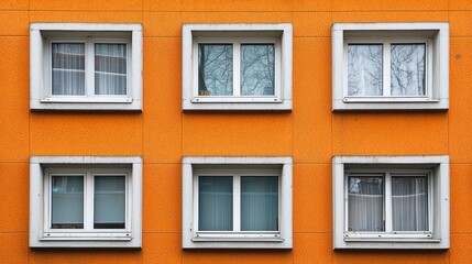 Fototapeta premium Six windows on an orange building with white frames.