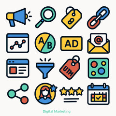 Marketing icons display tools strategies across web platform