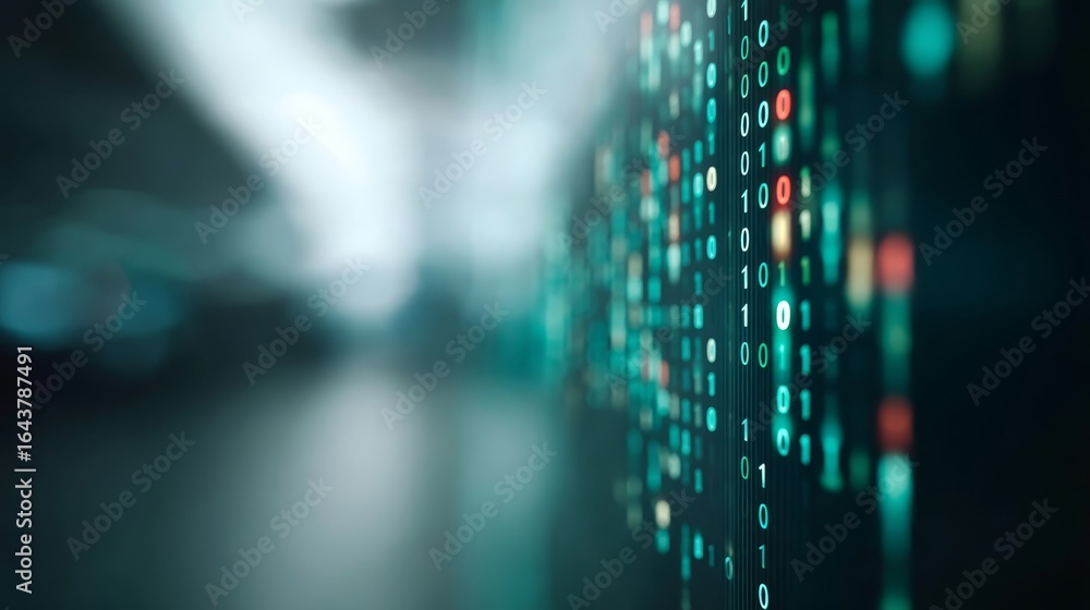 Poster oblique closeup of glowing green and blue digital code layered over dark background with blurred mat