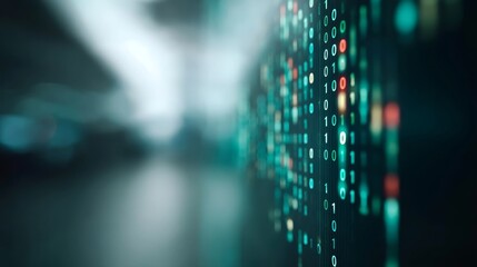 Oblique closeup of glowing green and blue digital code layered over dark background with blurred matrixstyle depth, evoking advanced programming and tech environments, ideal for cybersecurity, data a