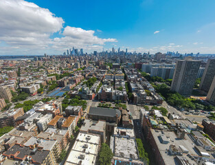 Aerial city scape of skyscraper buildings SoHo Manhattan on a sunny summer day in New York City